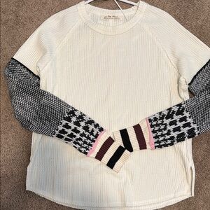 Free People We The Free Cream Waffle Knit Top with Patterned Sleeves Size XS